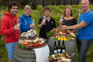 A group enjoying a selection of Bruny Island food and wines