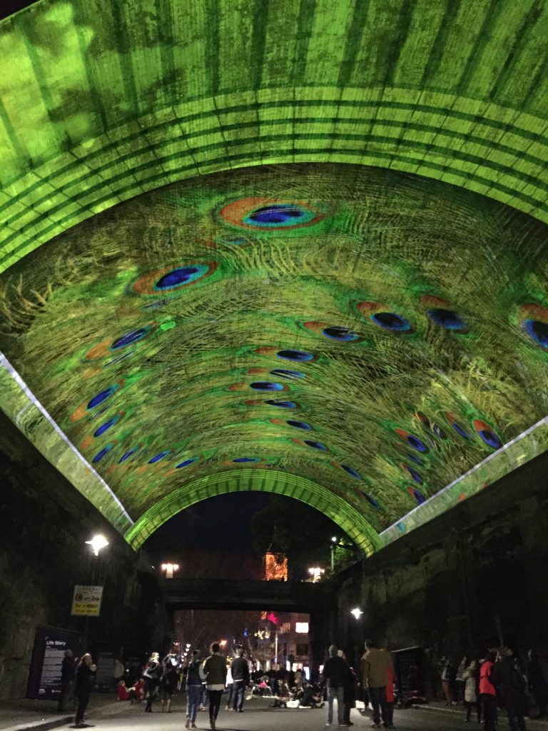 peacock feathers on the roof of the Argyle cut tunnel during Vivid 2015