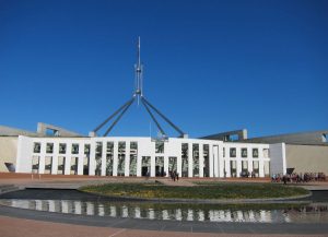 View outside of Parliament House include the water feature