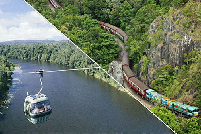 Skyrail over Barron river and Kuranda Scenic railway near Robbs Monument