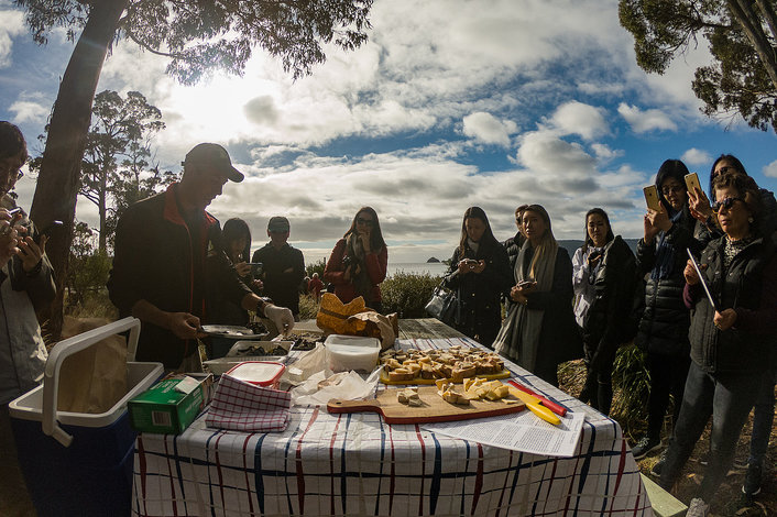 Morning Tea on the beach edge. Cheese, oysters and wood oven breads