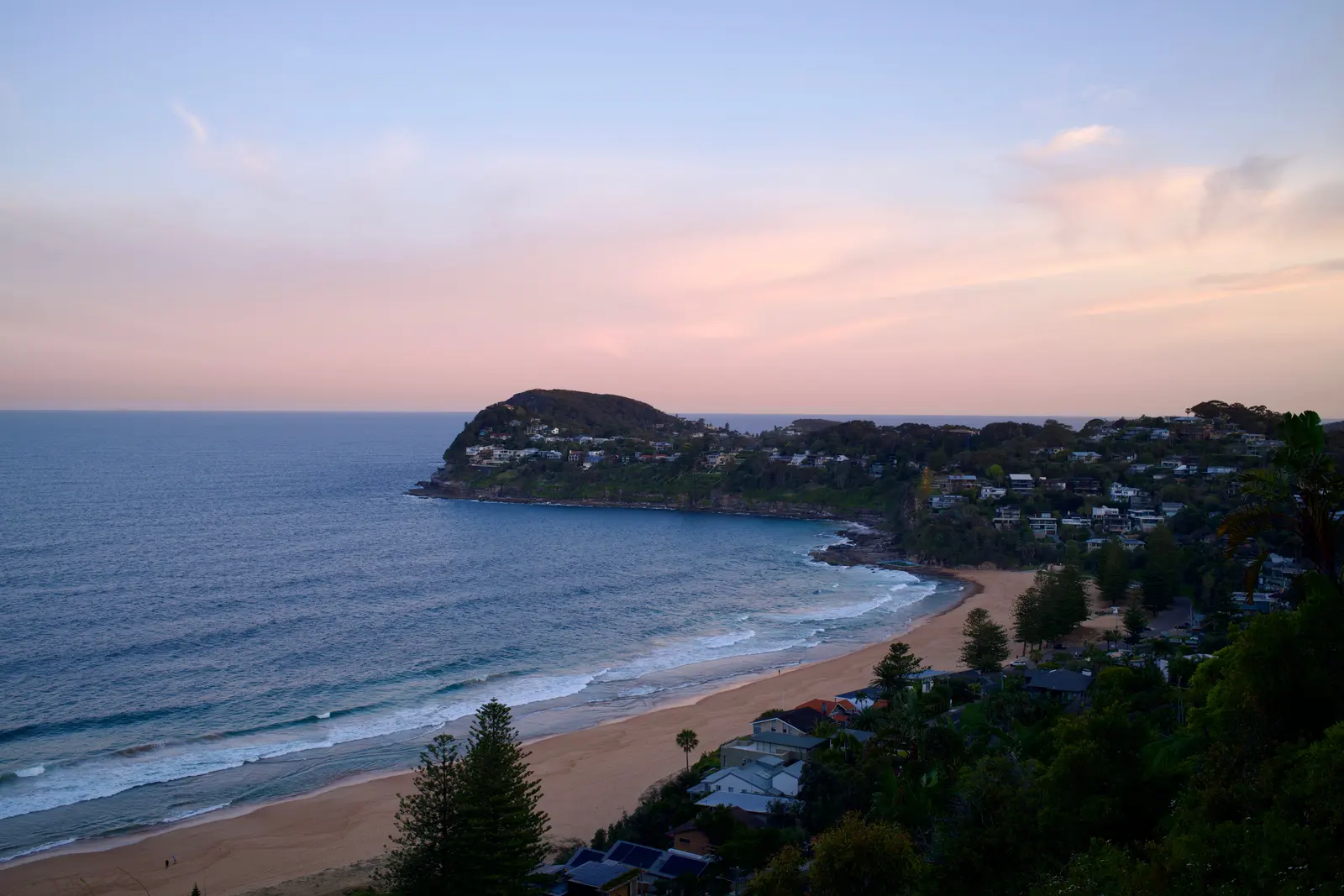A curved surf beach seen from high above at dusk, a wooded headland lined with houses running out to sea under a pink sky