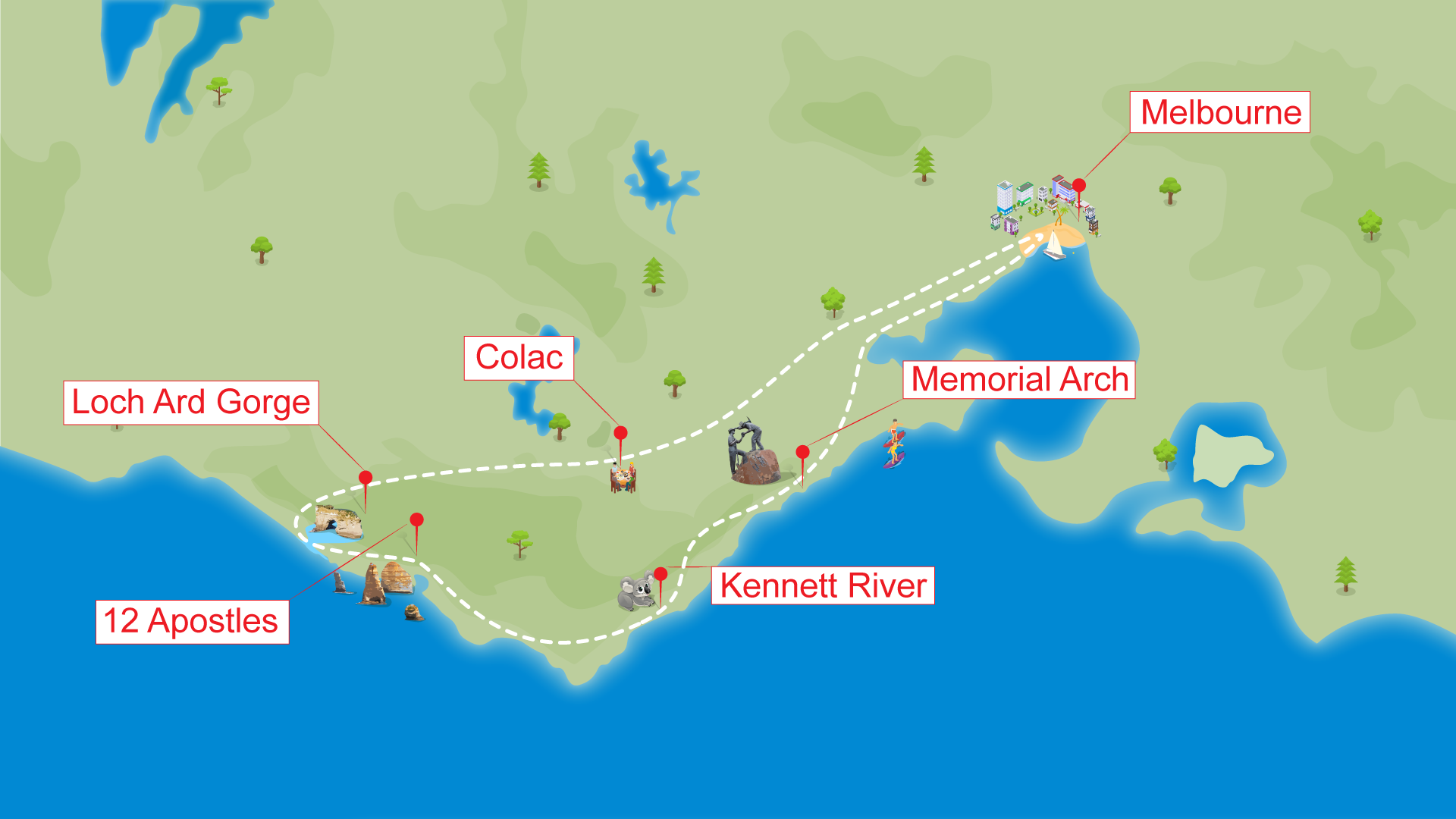 Great Ocean Road Tour one day including cafe and lunch Map by ToursToGo Pty